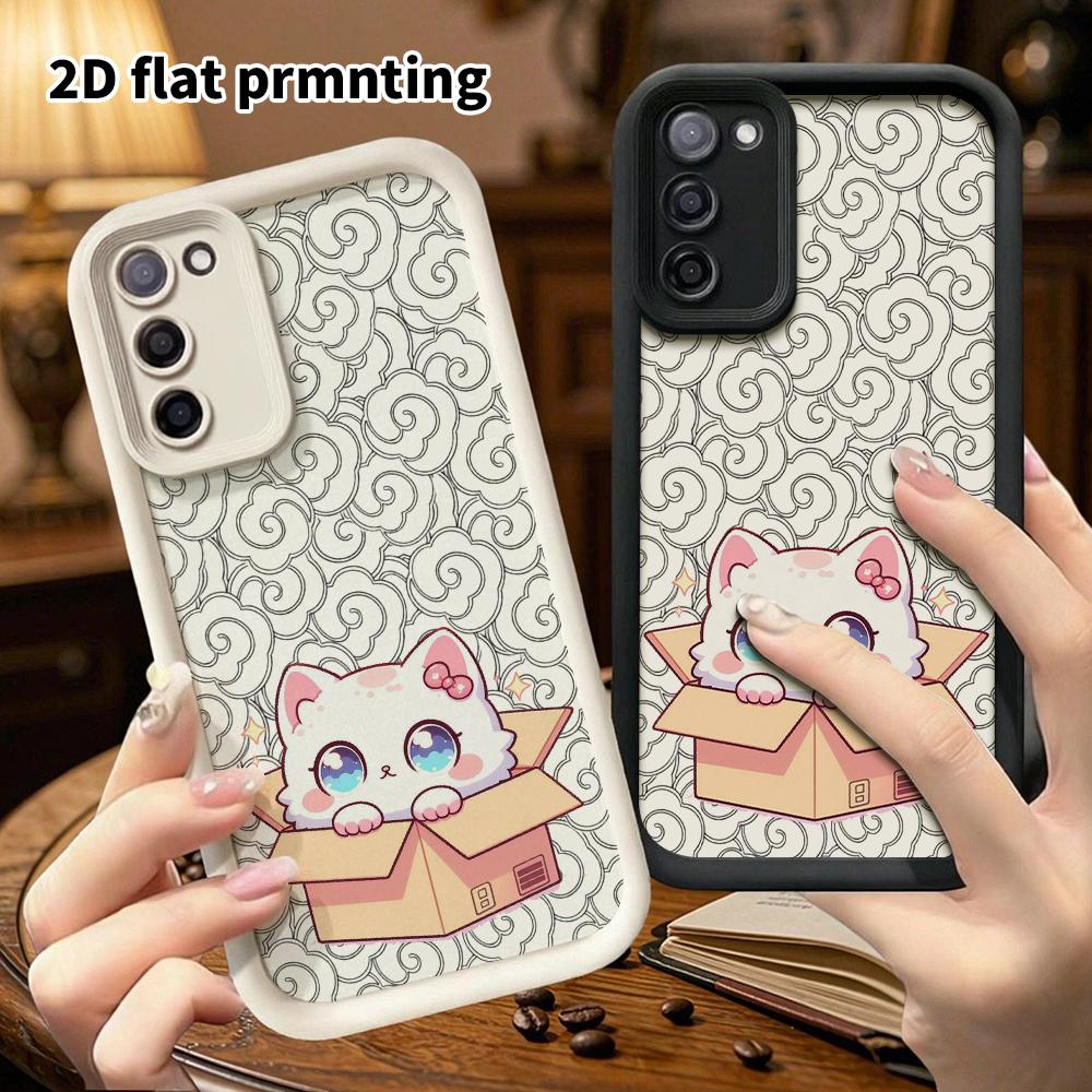 Phone Case: 2D Flat Samsung Galaxy A34 A35 M05 M06 S20 S22 S21 FE Plus 5G Protective Case, Cardboard Little White Cat, Christmas and Halloween Gifts