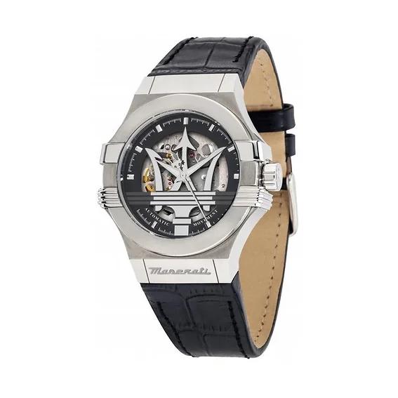 Maserati Potenza Leather Strap Skeleton Black Dial Automatic R8821108038 100M Men's Watch