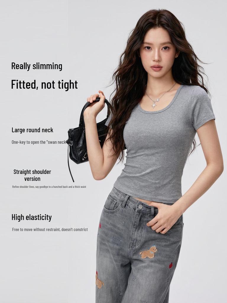 Women's Slim Fit U-Neck Short Sleeve T-Shirt - Flattering Pure Color, New Fashion Trend.