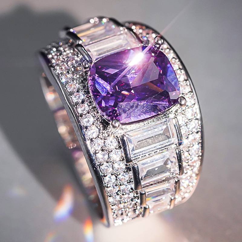 

Huitan Чарівна жіноча каблучка з блискучим фіолетовим цирконом Елегантна жіноча весільна повсякденна розкішна прикраса для пальців Шикарна вечірня біжутерія 10