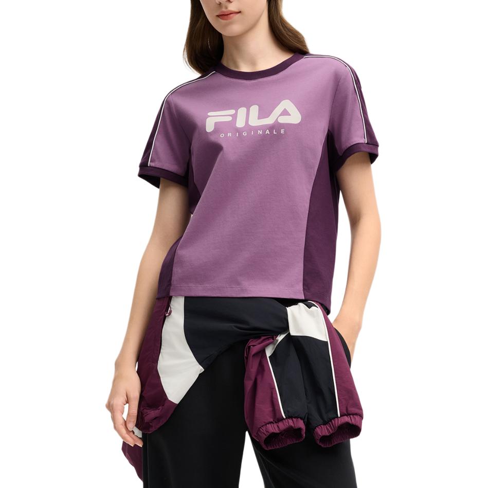 Fila Versatile Casual Color Block Knit Short Sleeve Round Neck T-Shirt Women Tops Diamond-Purple F11W519101FPU