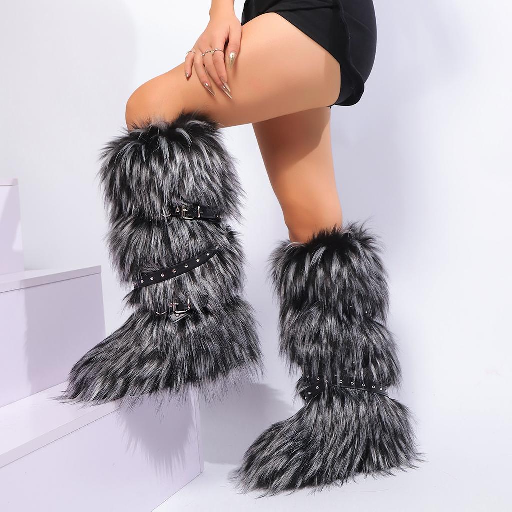 Winter Fur New Design Onepiece Raccoon FurFemale Snow Boots Fur Shoes OutdoorMid Leg Boots Y2k Cool Pink Girl