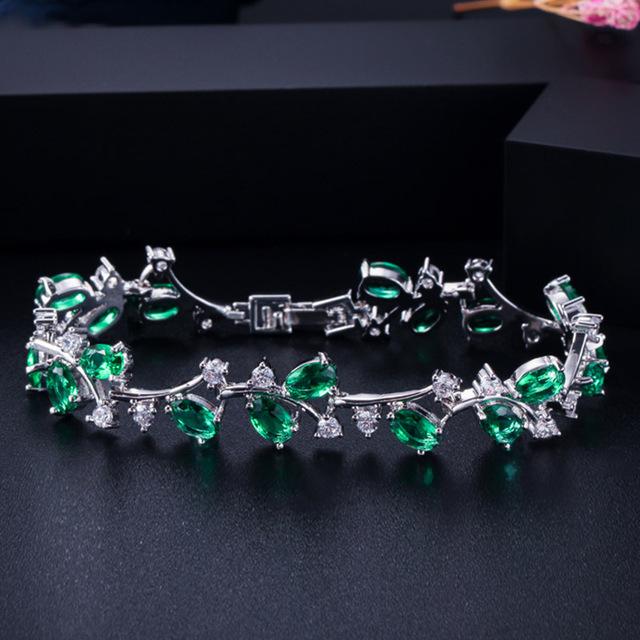 Pera 6 Colors Options Silver Plated Green Stone Leaf and Flower Big Cubic Zirconia Charm Bangle Bracelets Jewelry for Women B043