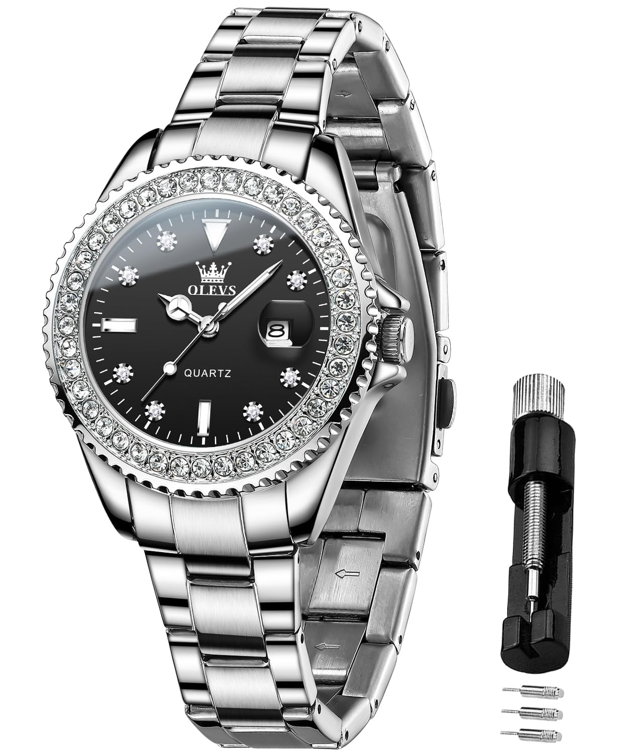 

OLEVS Stainless Steel Watch with Japanese Quartz Diamond Luminous Easy to 30M Water Gift for Black Women s Movement, Dial, Display, Read, Resistance, чёрный