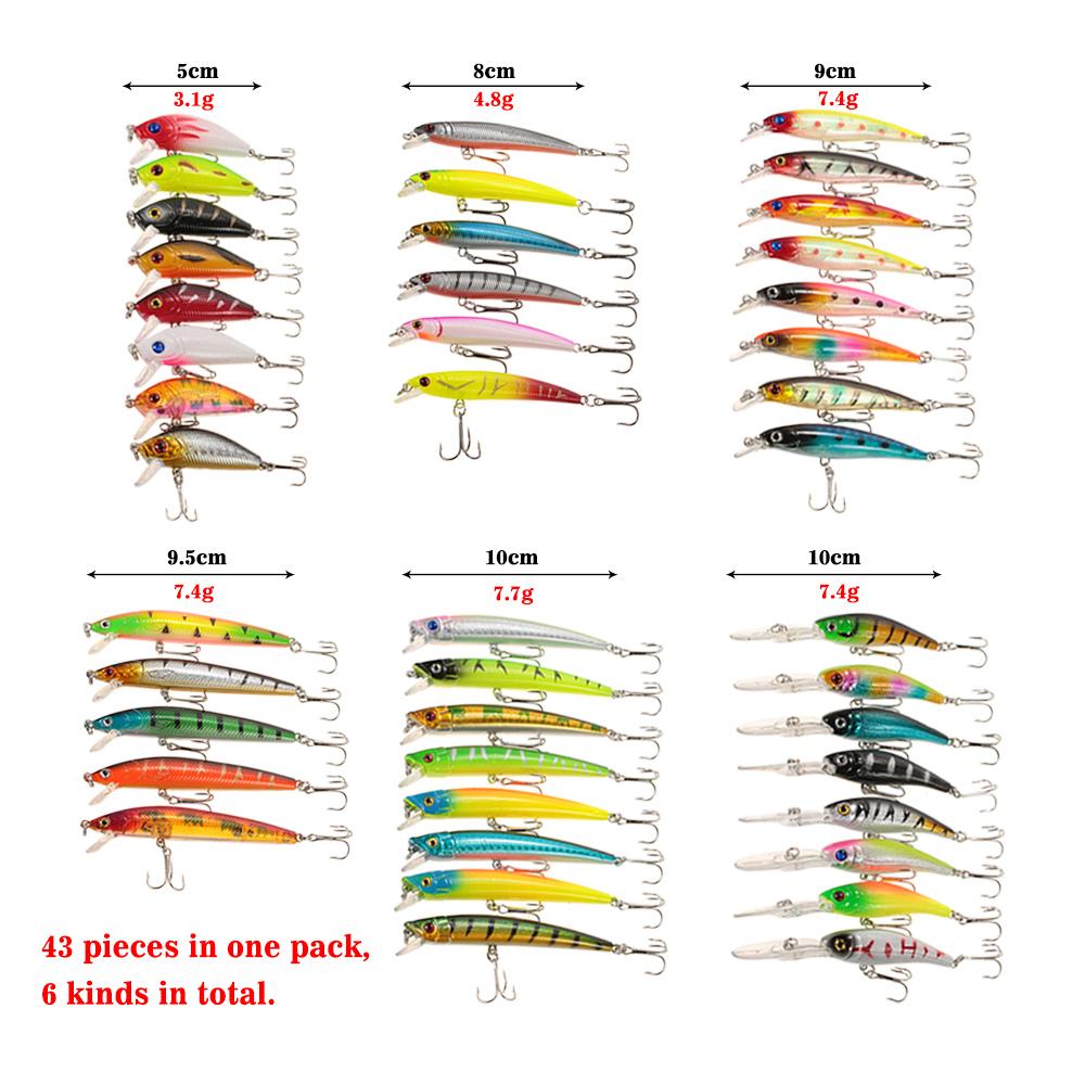 43pcs Assorted Size Minnow Fly Fishing Lures Pencil Popper Crankbaits Carp Fishing Wobbler Suspending Artificial Hard