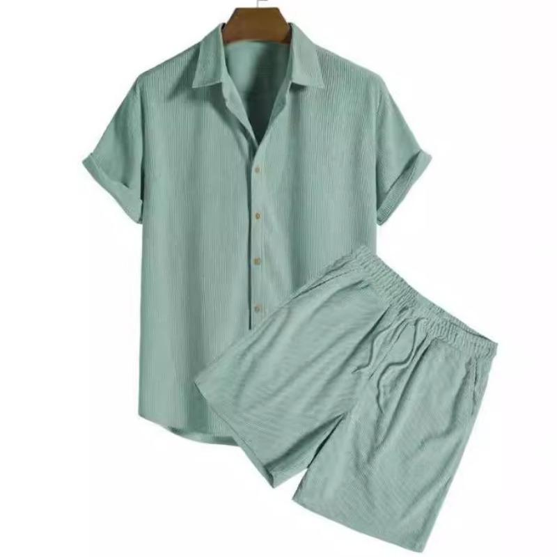 Men's Casual Striped Button Down Shirt Drawstring Shorts Outfit