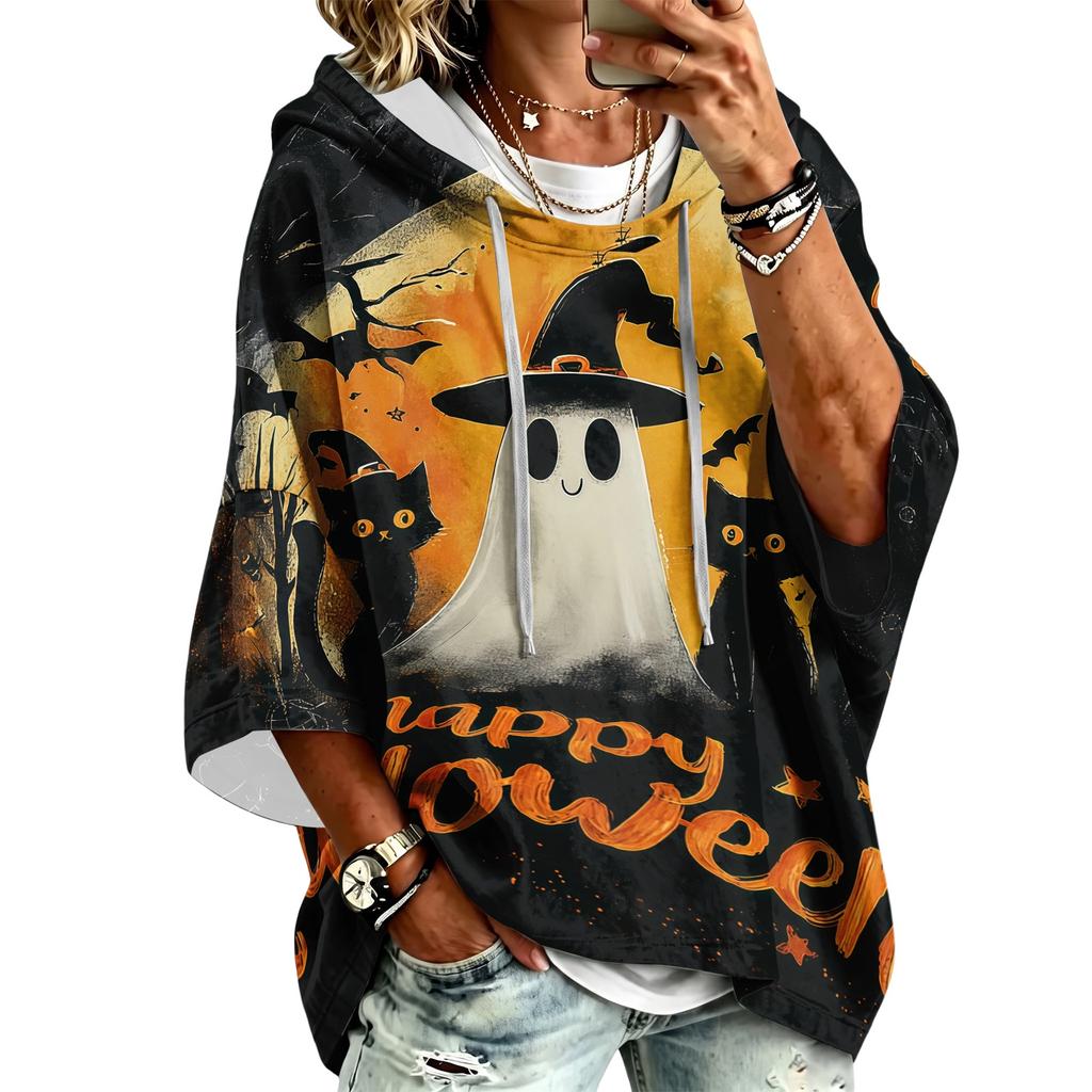 Women's Fashion 3/4 Sleeve Halloween Print Hoodie Pullover Top