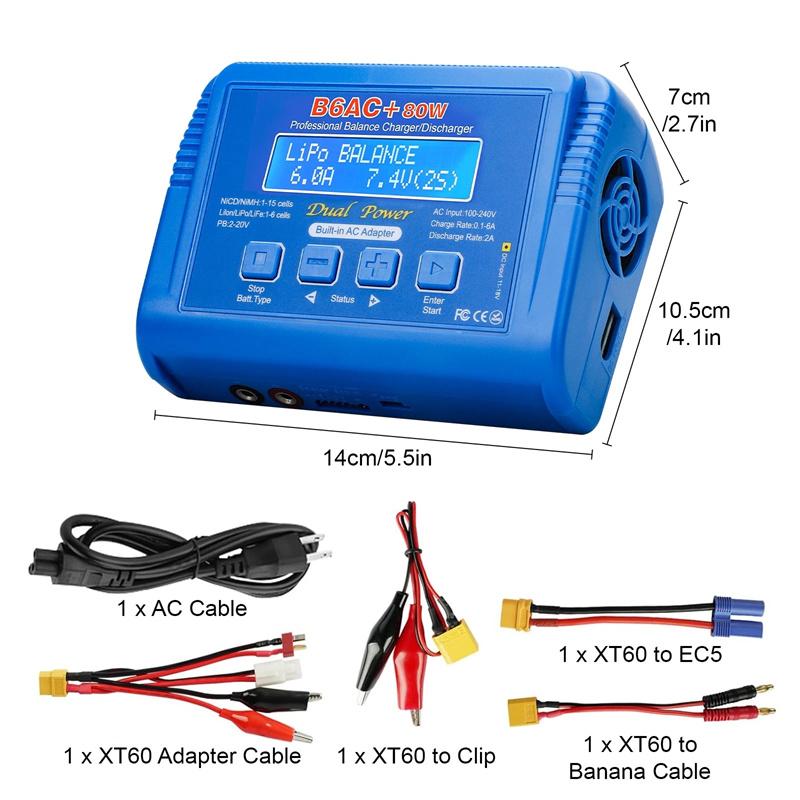 B6Ac 80W Lipo Battery Charger Rc Balance Smart Digital Charger For 1S-6S Lipo Life Li-Ion 1-15S Nicd Nimh Pb Smart Battery