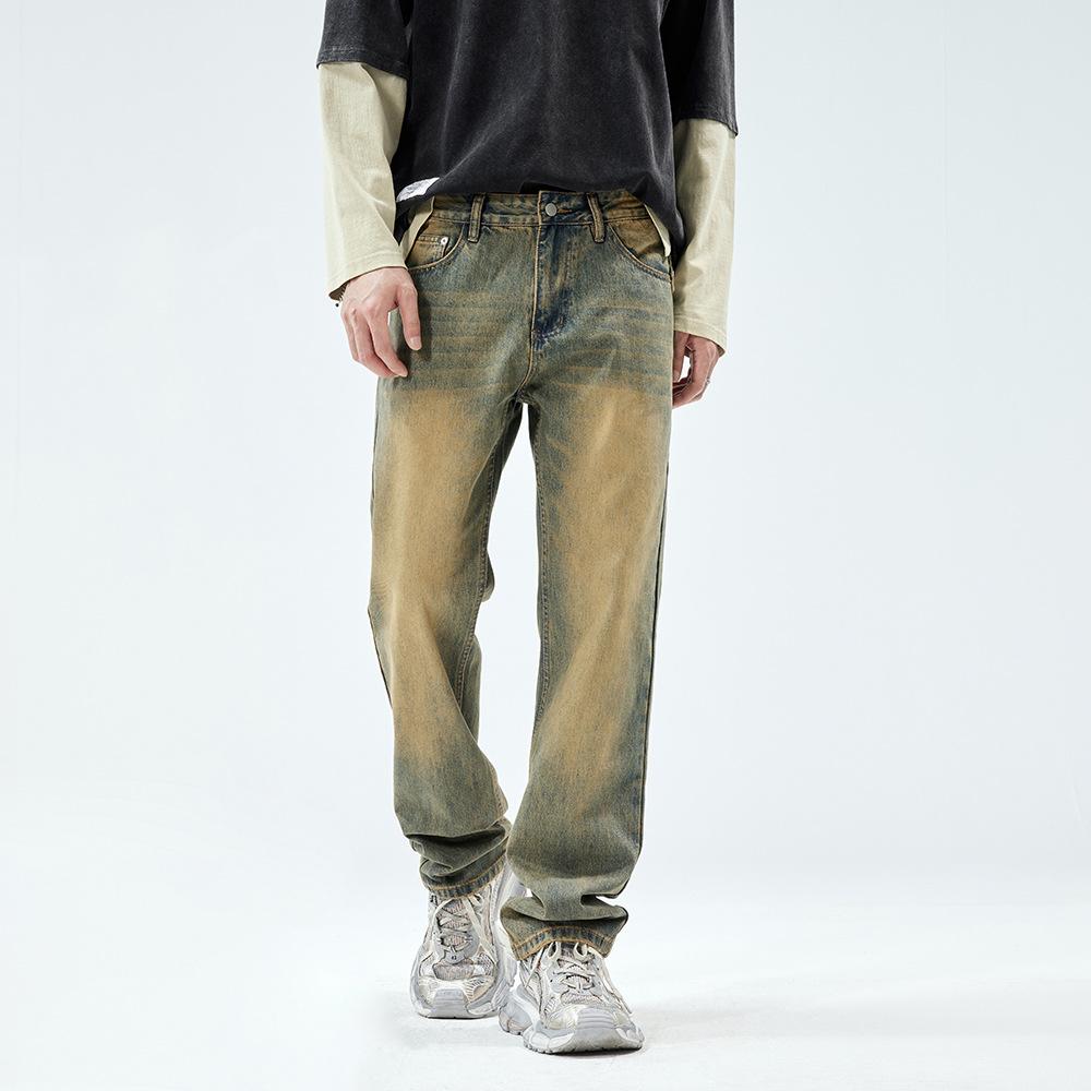 American Street Washed Yellowing Jeans Men's and Women's Yellow Mud Dyed Straight-leg Pants Trendy High Street Old Casual Trousers