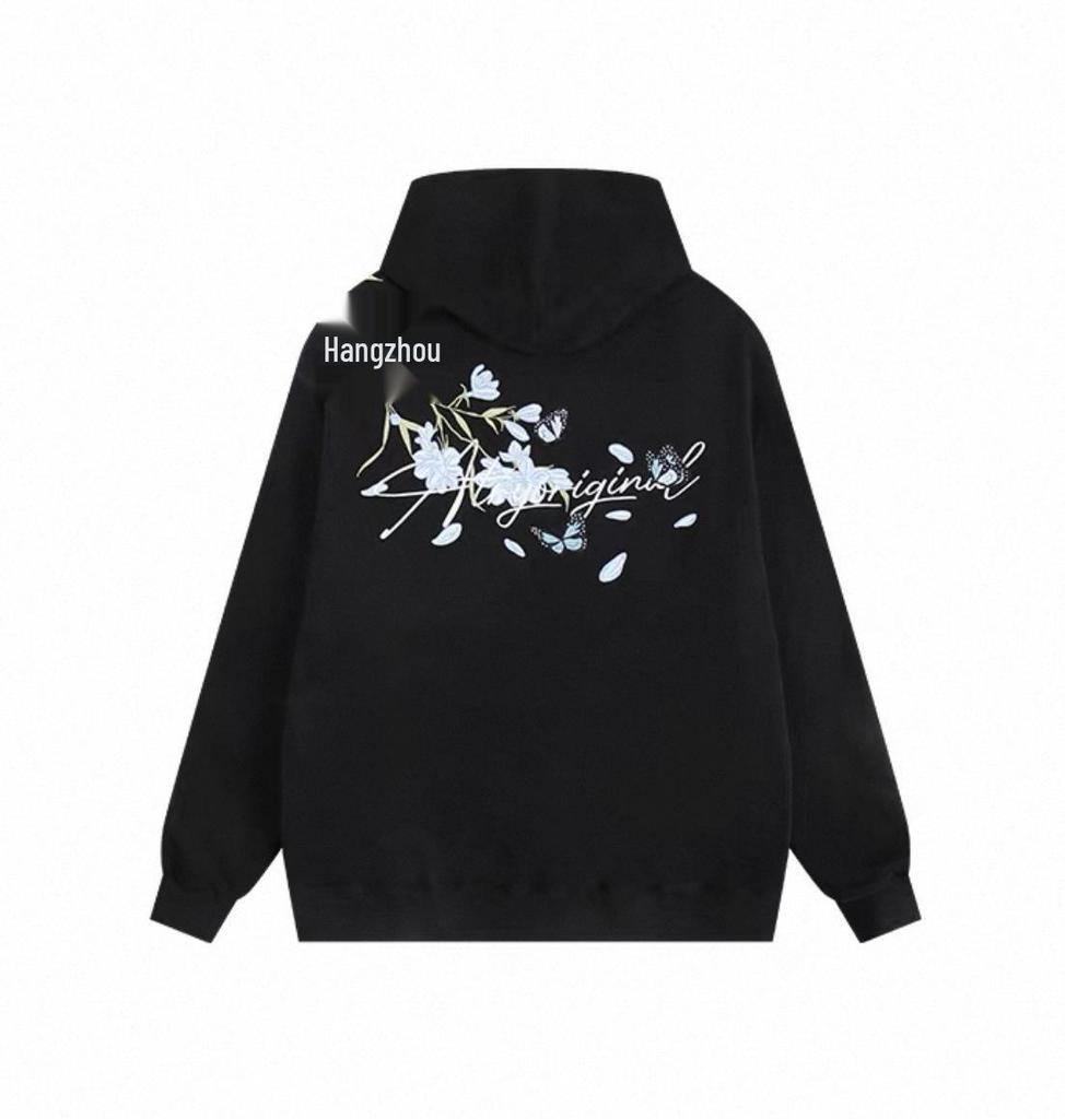 Men's White Light Luxury Hooded Sweatshirt - Autumn/Winter Style, Velvet Thickened, Loose Streetwear with Embroidery.