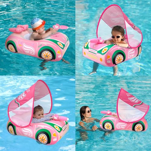 Boia de Natação para Bebê, Design de Supercarro, Boia de Natação com Assento para Bebês, Proteção UV FPS50+, Protetor Solar, Toldo Removível, Boia para Bebê, Brincadeiras na Água, Adequado