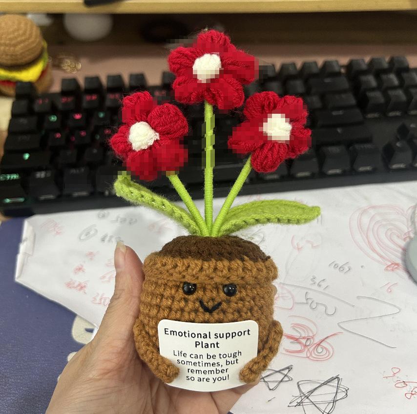 

Funny Emotional Support Positive Crochet Sunflower Pot Doll Christmas Home Decor Handmade Knitted Sunflower Desktop Ornament