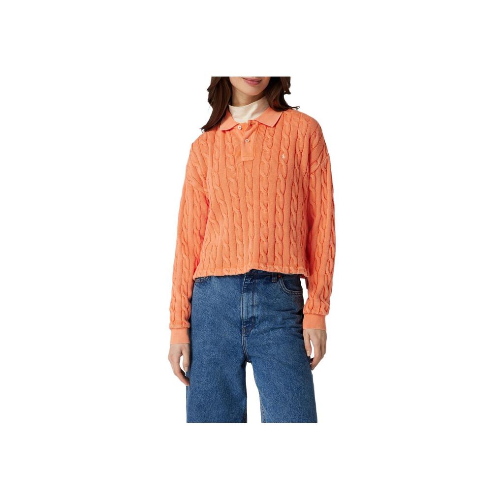 Polo Ralph Lauren SS23 Chunky Knit Long Sleeve Polo Shirt Women Tops Orange 211892604-001