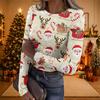 Women's Casual Christmas Print Long Sleeve Ribbed Knit Top with Round Neck