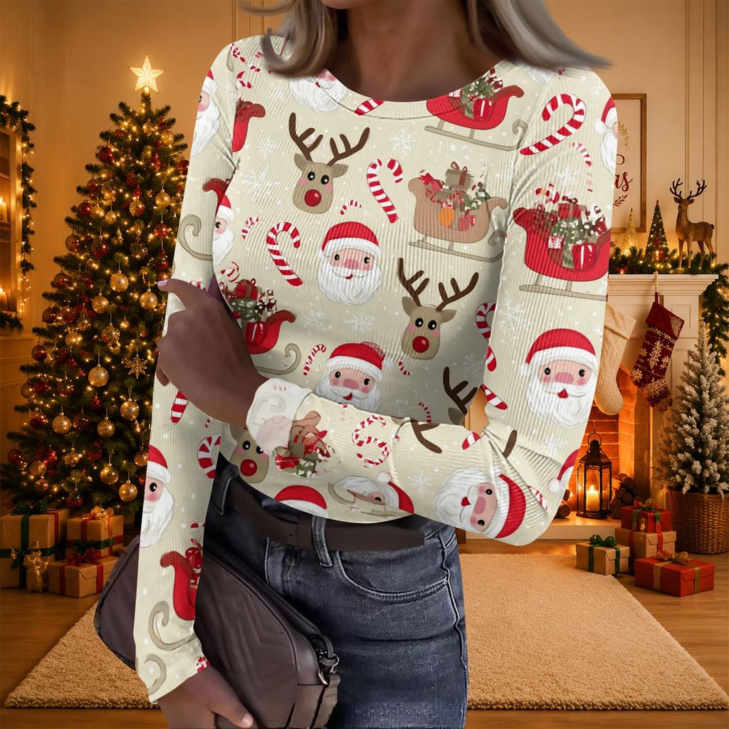 Women's Casual Christmas Print Long Sleeve Ribbed Knit Top with Round Neck