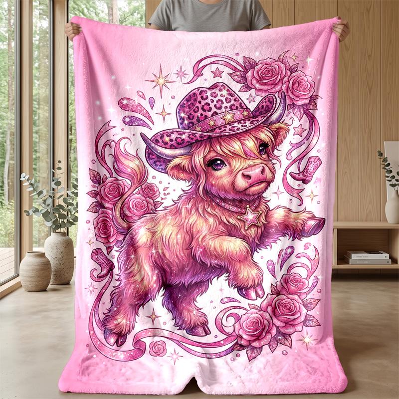 Flower Crown Highland Cow Theme Blanket Lightweight Warm Flannel Blanket Decorative Throw Blanket for Home Decoration