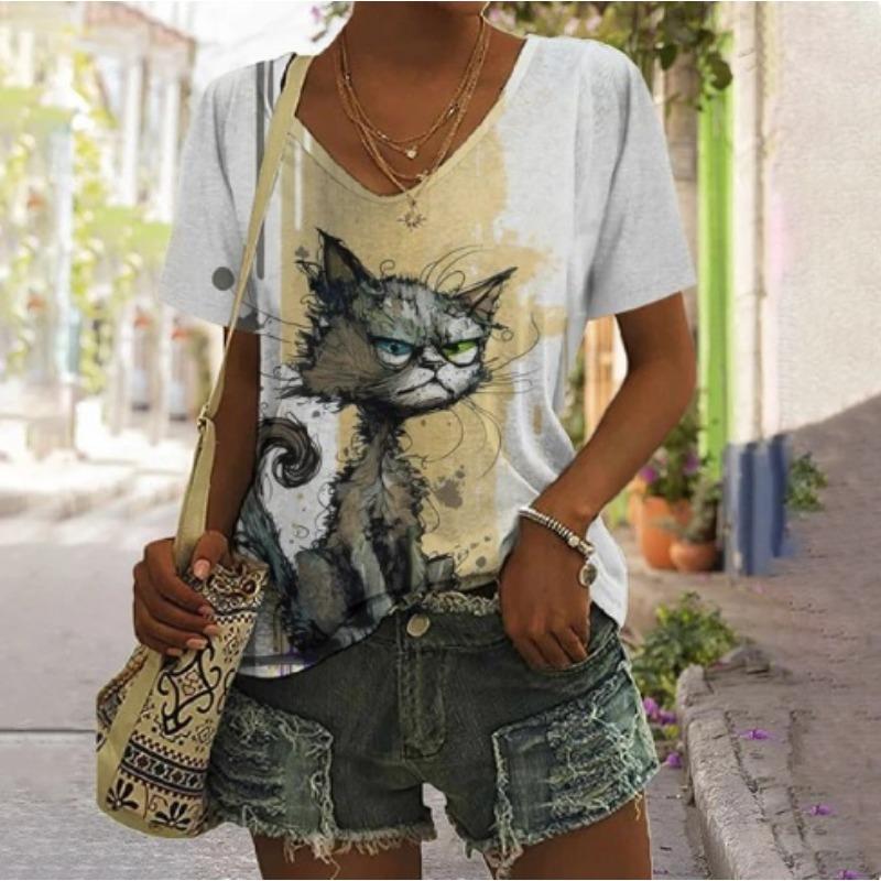 Summer V-neck 3D Animal Flower Printed Top Fashionable Casual Short Sleeved Women's T-shirts