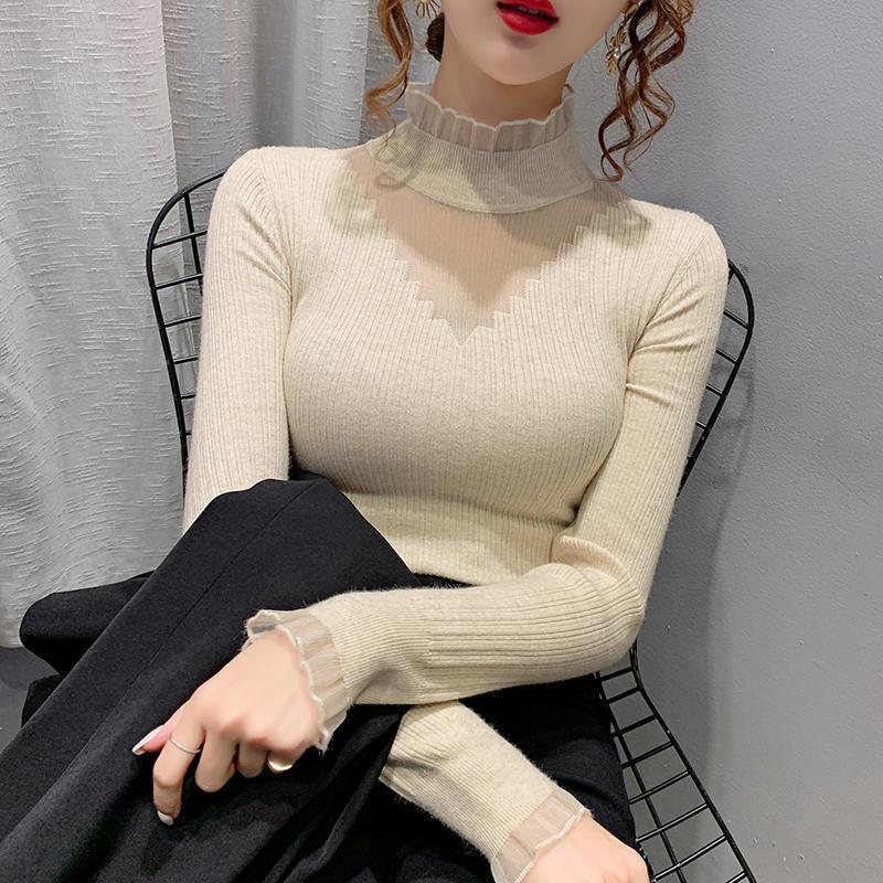 Women Half High Neck Lace Stitching Hollow Sweater Slim Inner Wear Knitted Bottoming Shirt Female Tops Autumn and Winter