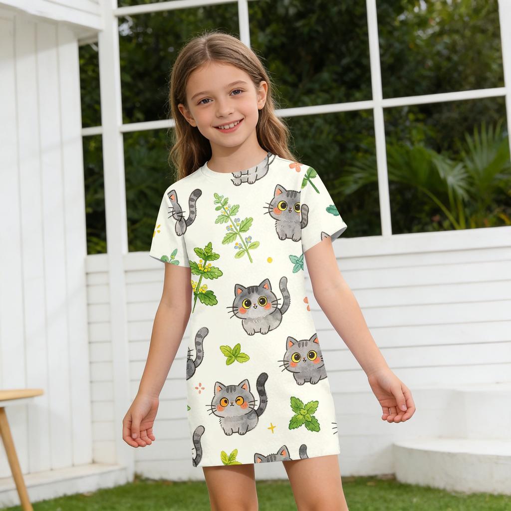 Girls Loose Fit Short Sleeve Dress Lightweight Round Neck Casual Dress with Animal Print Pattern for Kids Summer Wear
