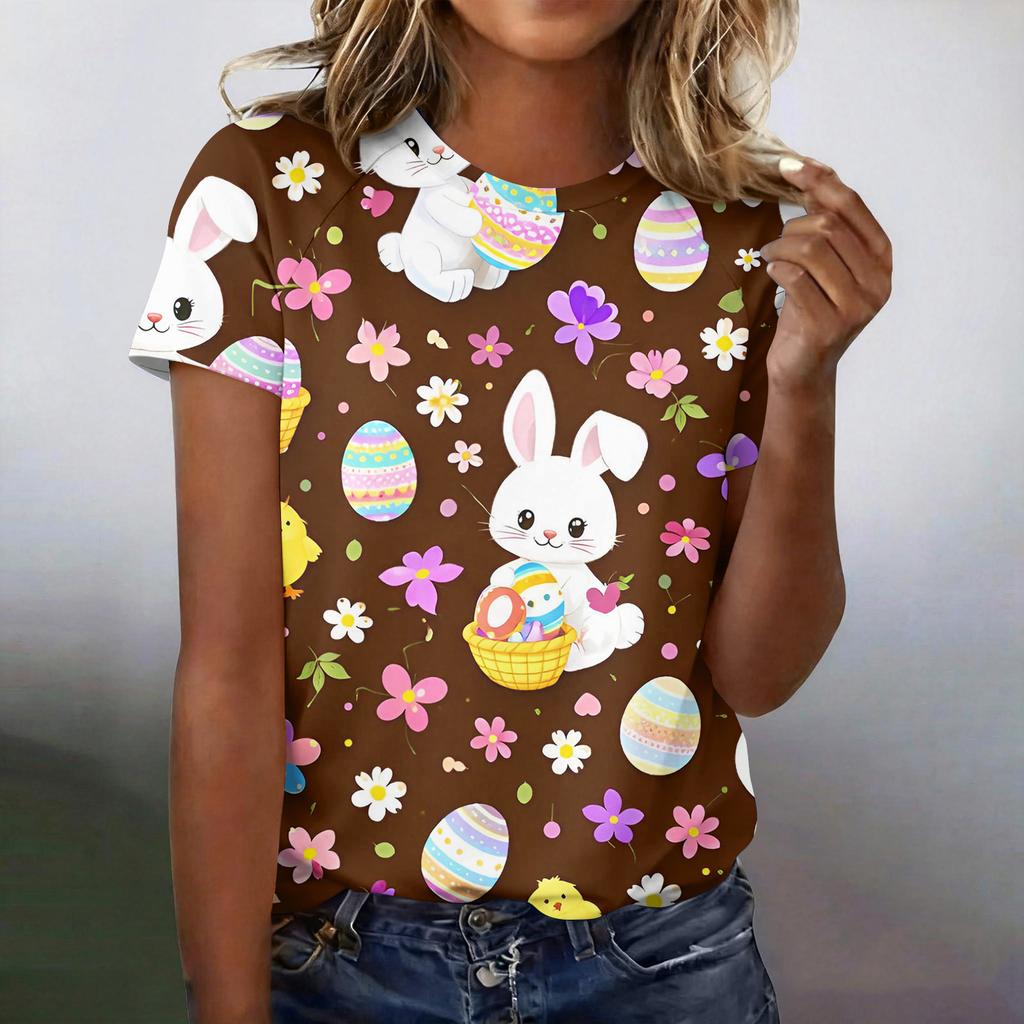 Women's Fashionable Casual Short-Sleeved Raglan Sleeve Easter Print T-Shirt Top