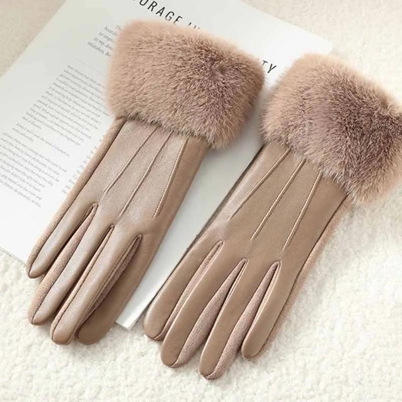 Fashion Elegant Party Warm Touch Screen Drive Cycling Winter Luxury Women PU Leather Gloves Wrist Soft Faux Fur Trim Cuff