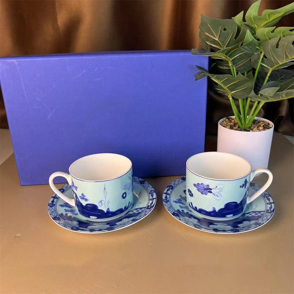 High-end Oriental Series Plate Coffee Cup And Saucer Mug Pink Purple Blue Printed Plate Cup And Saucer Suit Gift Box Tea Cup Set
