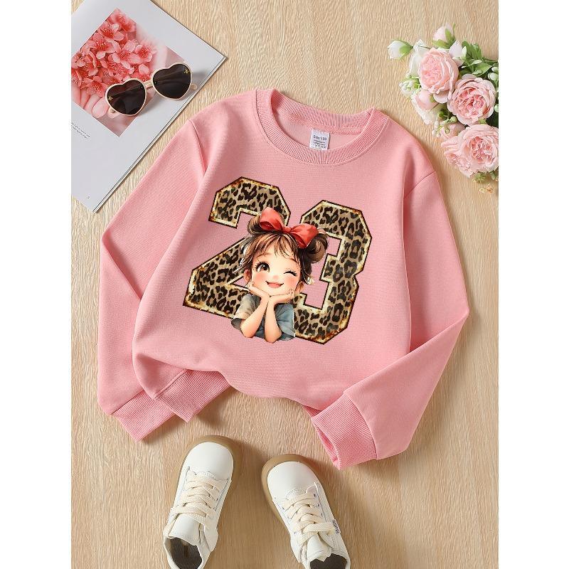 European Sizes Leopard Print Number Twenty Three Girls' Long-Sleeve Casual Crewneck Sweatshirt for Outdoor Sports & Casual Attire