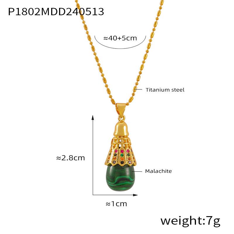 Elegant Retro Malachite Feather Pendant: New Chinese Style Titanium Steel Necklace for Women