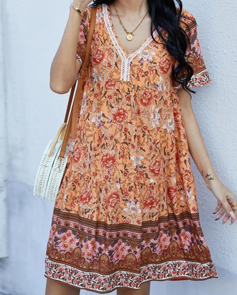 Summer French Retro V-neck Floral Dress - Beach Vacation Style for Women