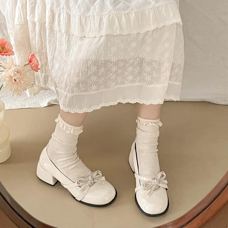 Block Heel Mary Jane Single Shoes Women's Round Toe Shallow Slip Rhinestone Bow Slip Anti-Slip Wear-Resistant High Heels