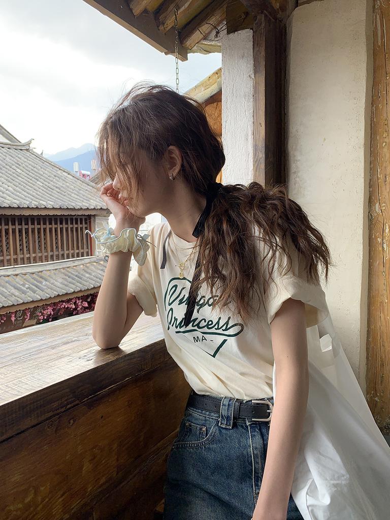 Pure cotton niche love letter printing short-sleeved T-shirt women's 2025 spring and summer new versatile loose and thin top ns