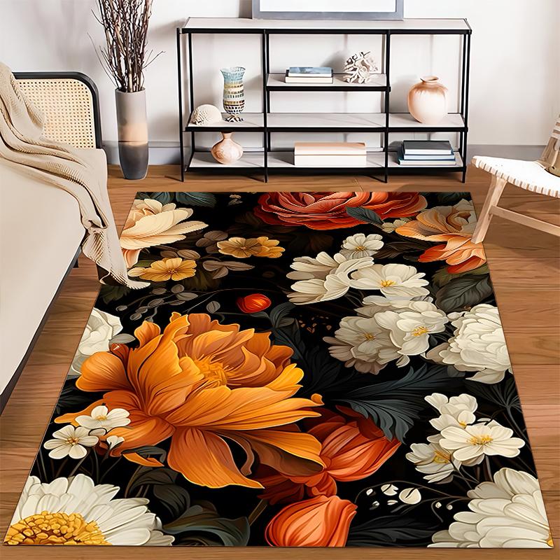 Floral Elegance In Orange and Cream Non-slip Rug Suitable for Living Room and Bedroom Sofas