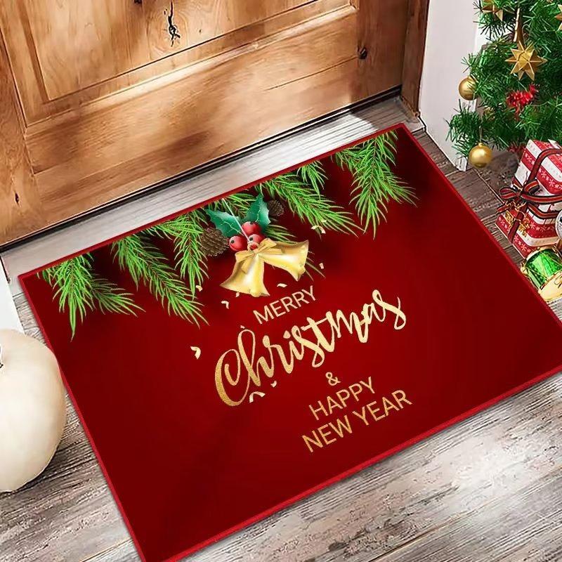 Christmas Theme Door Mat With Festive Tree Branches Gift Snowflake Patterns Soft Decorative Entryway Rug For Xmas New Year Decor