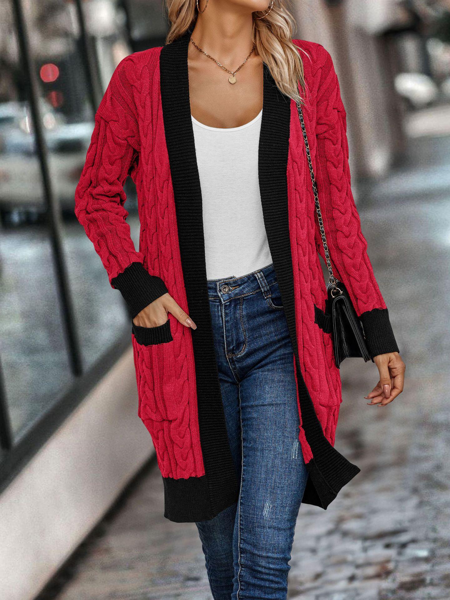 

Осенне-зимний женский свитер, кардиган, модный свитер без пуговиц, цветной блок, крутой вязаный топ S красный