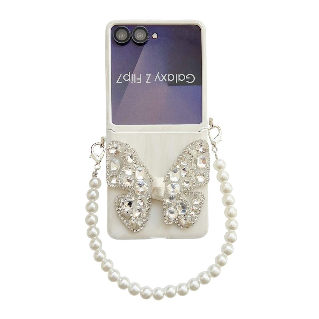Butterfly Diamond and Gorgeous Pearl Wrist Phone Case for Samsung Galaxy Z Flip 7 FE 6 5 4 Start Wrist Strap Protective Cover