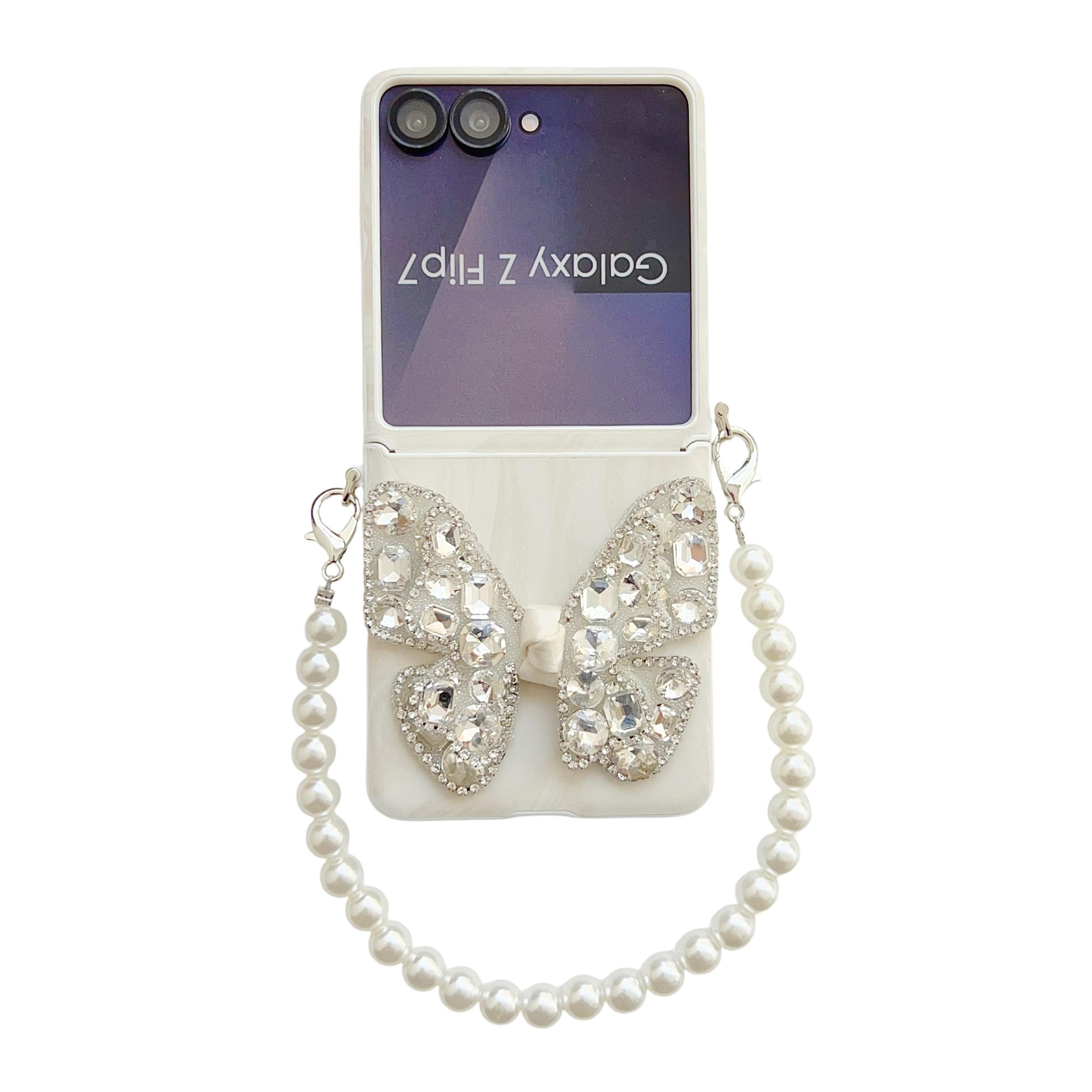 

Butterfly Diamond and Gorgeous Pearl Wrist Phone Case for Samsung Galaxy Z Flip 7 FE 6 5 4 3 Start Wrist Strap Protective Cover Galaxy Z Flip5 білий