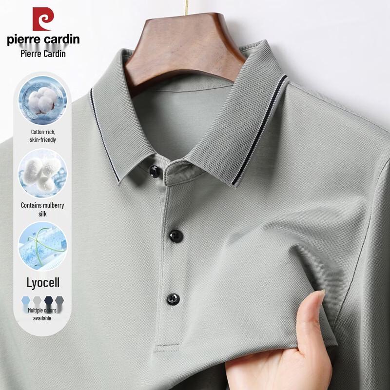 Pierre Cardin Men's Mulberry Silk Blend Anti-Pilling Long Sleeve Polo Shirt