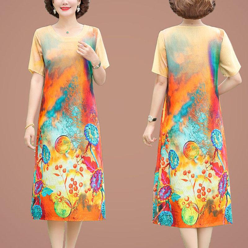 Casual Vintage Floral Printed Midi Dress Folk Female Clothing O-Neck A-Line Summer New Short Sleeve Stylish Spliced Dresses