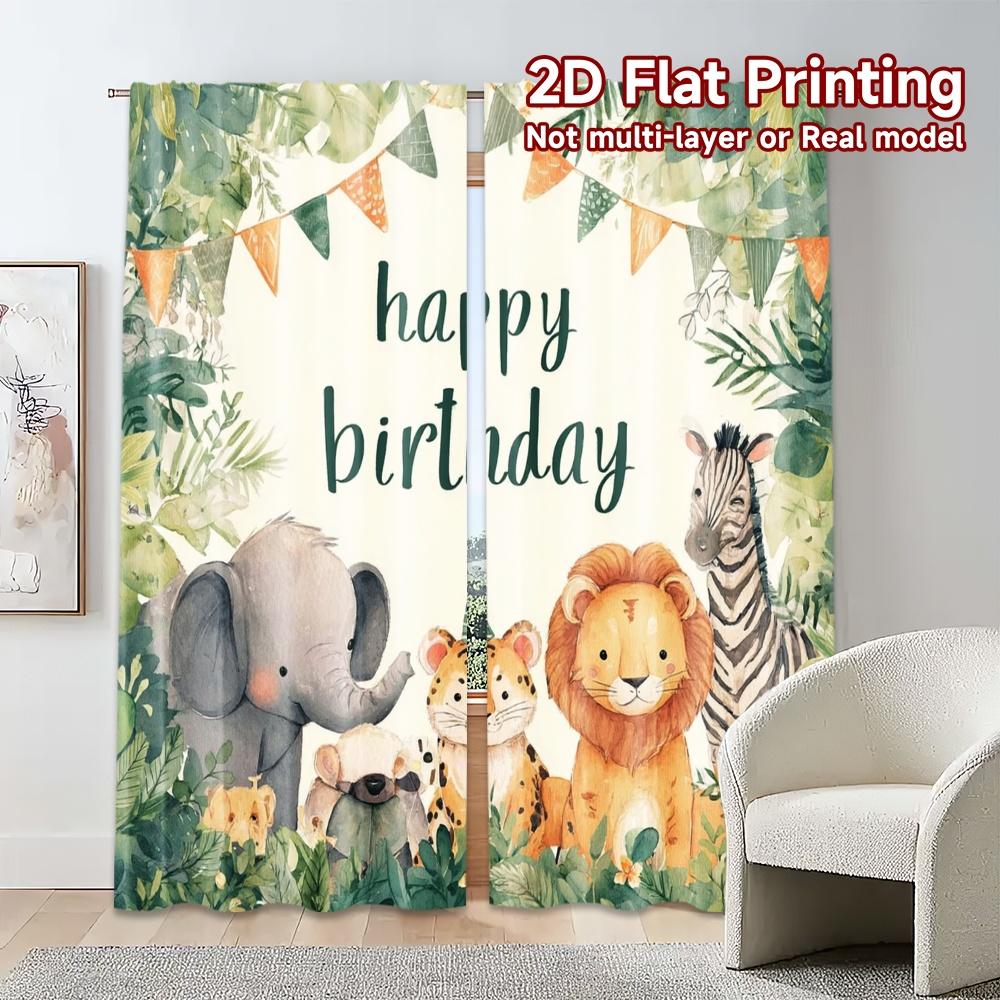 Set Of 2 Flat Printing Curtains Without Rod Jungle Party Popular Polyester All Seasons Semi Transparent Curtain