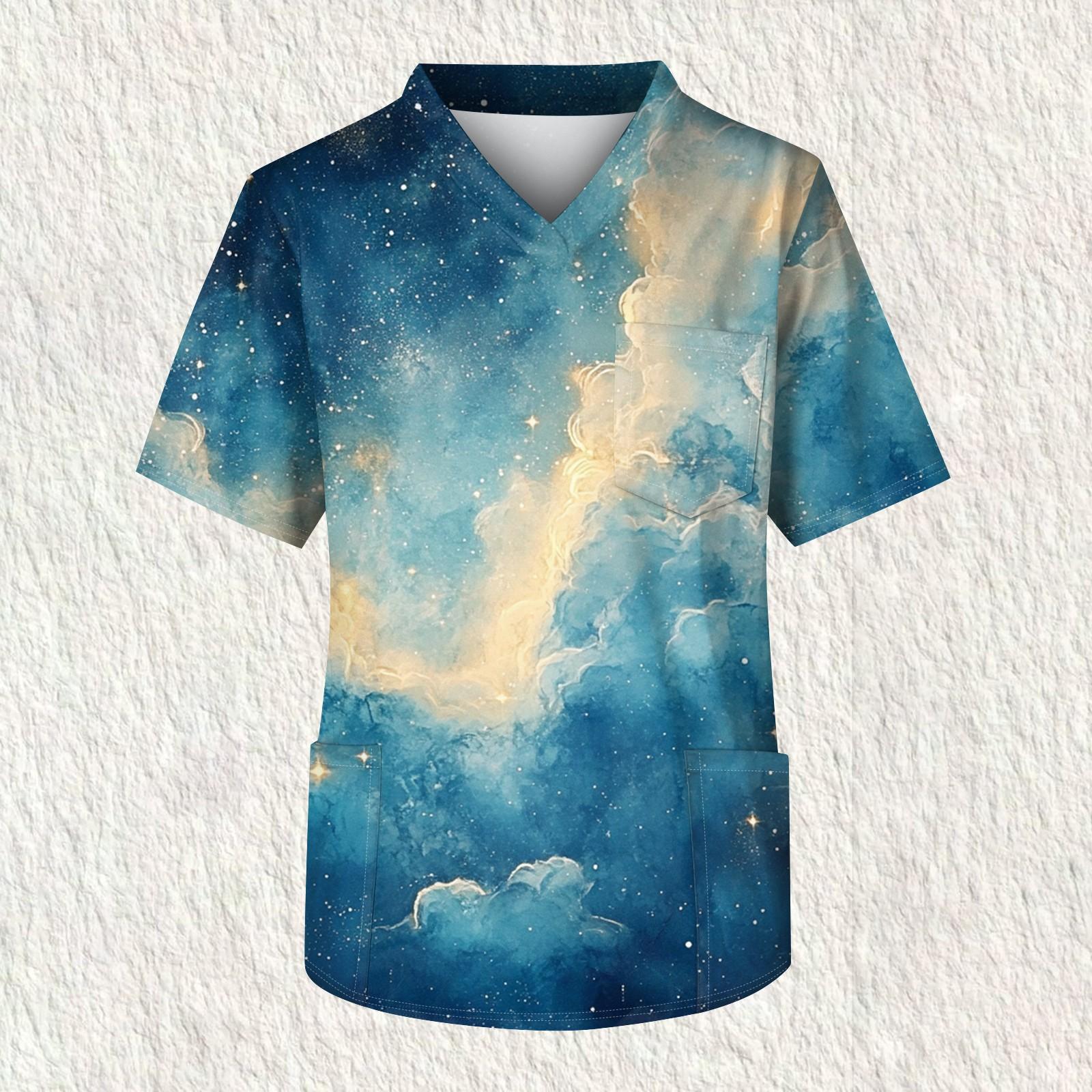 

Мужская рабочая блузка с короткими рукавами и v-образным вырезом с принтом, топ с нагрудным карманом S циан