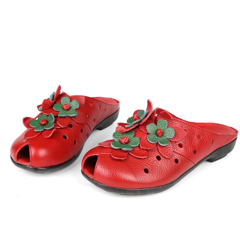 Summer Fashion Women Shoes Genuine Leather Sandals Slides Retro Flowers Closed Toe Female Loafers Flats Shoes Sandalias WSH3366