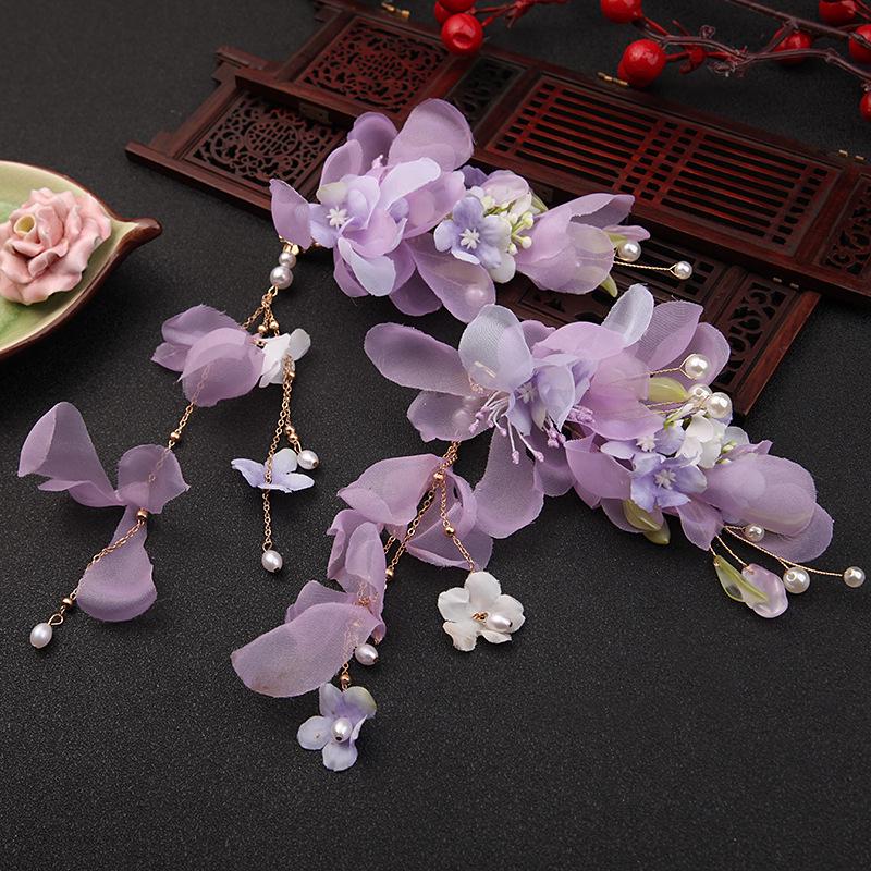 

Purple Floral Song Dynasty Hair Clip Set: Ancient Style Hanfu Headwear with Long Tassels for Women