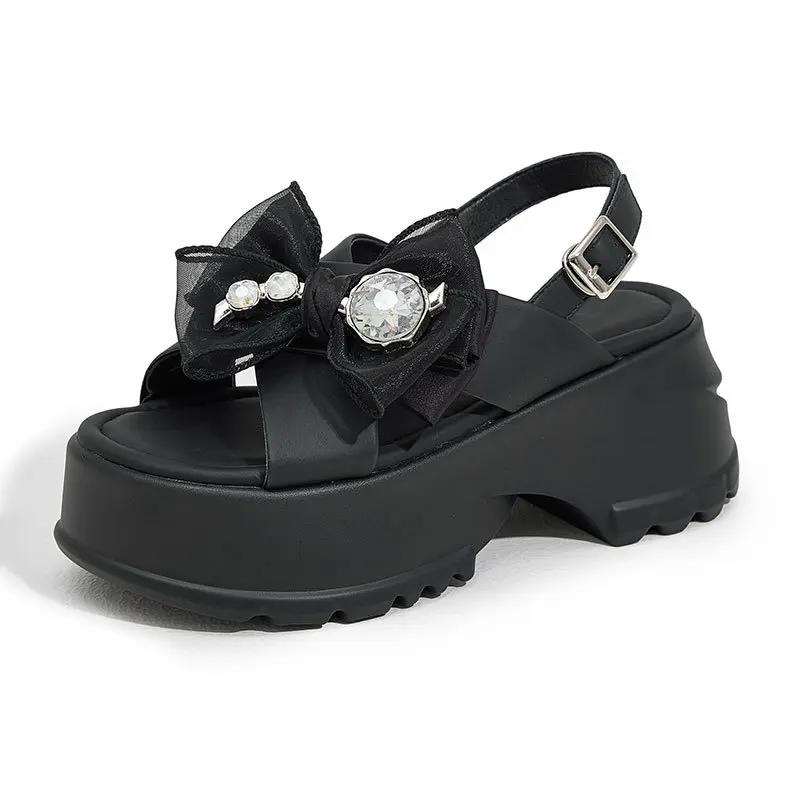 

Fashion 8CM Microfiber Leather Peep Toe Mary Jane Shoes Summer Women Platform Wedge Butterfly-knot Hook High Brand Comfy Fashion Pumps 39 чёрный