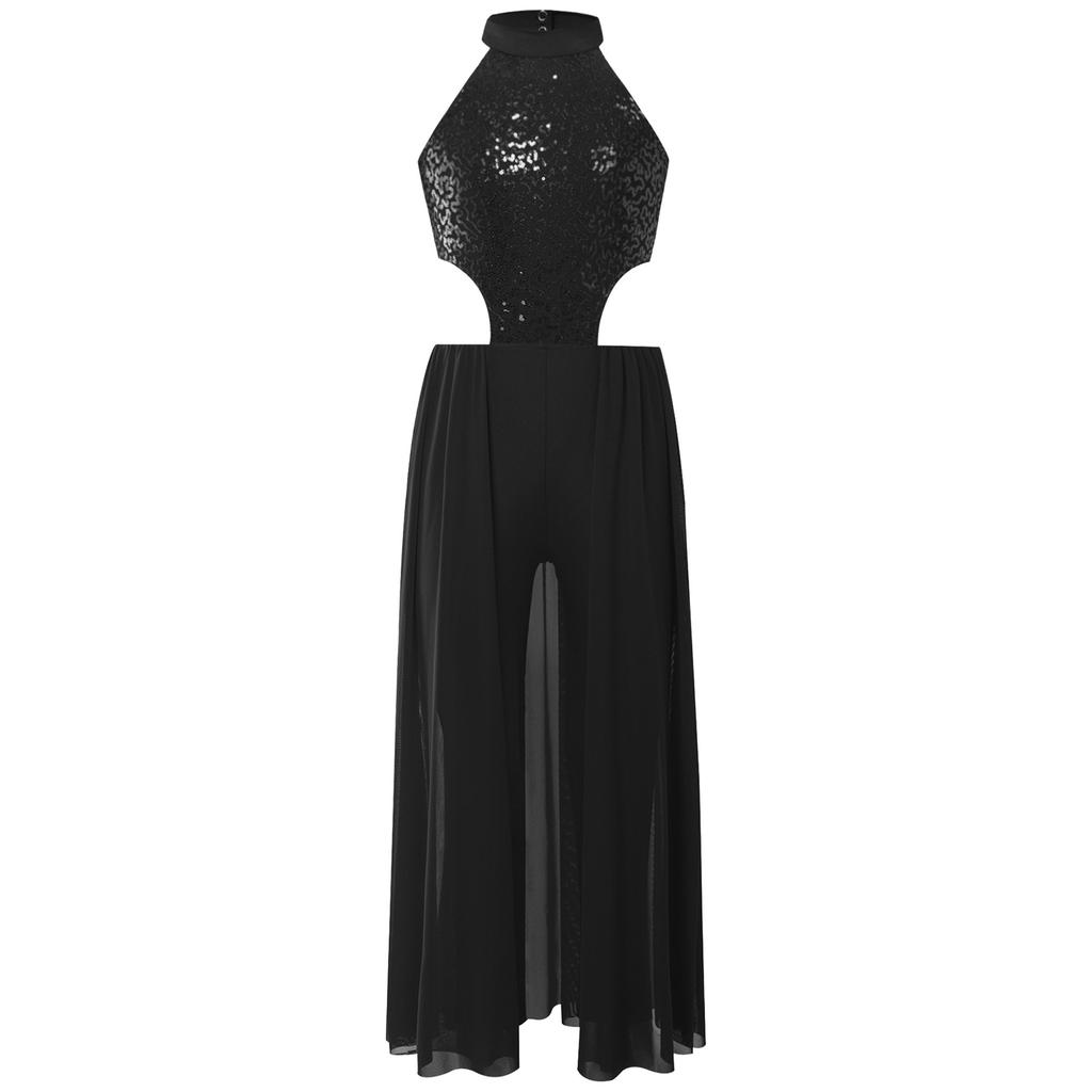 Girls Shiny Sequins Halter Sleeveless Backless Skirted Jumpsuit Latin Dance Performance Costume