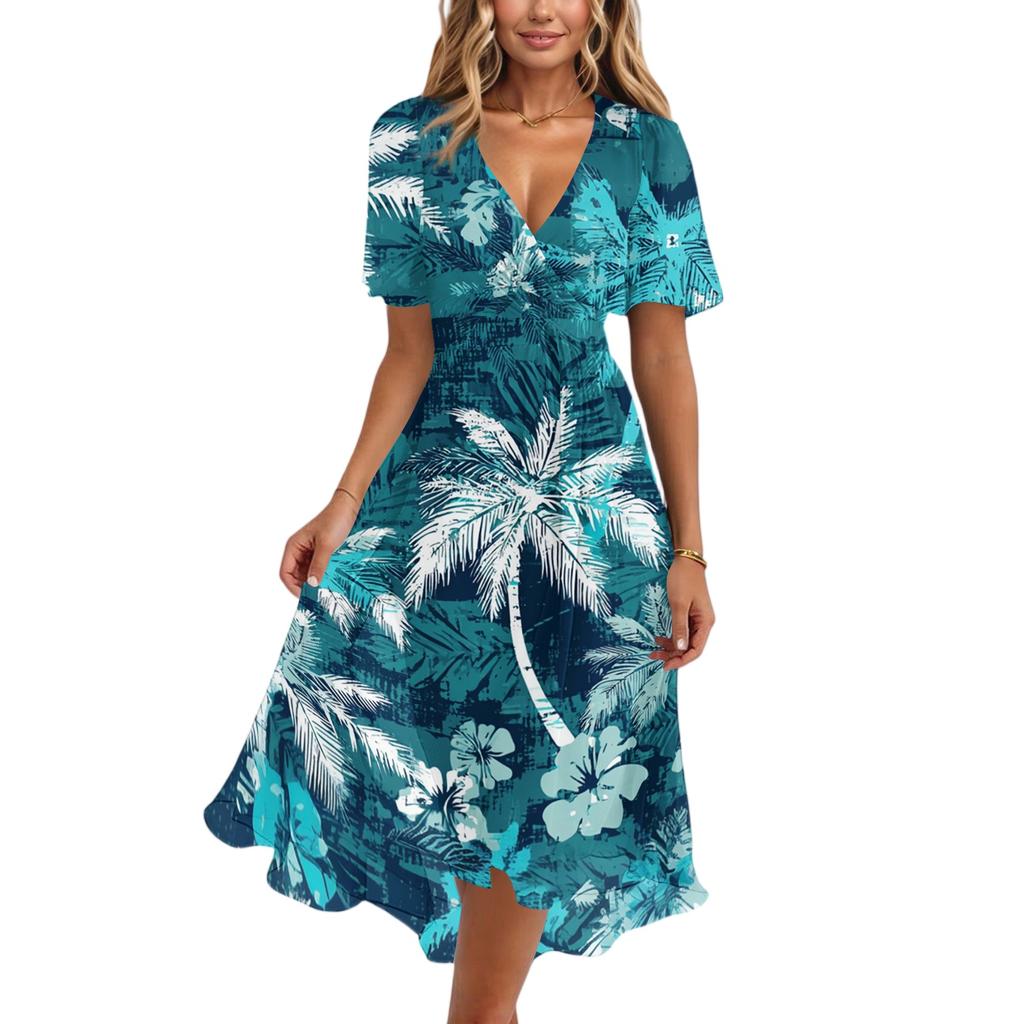 Women's Fashion Casual V Neck Short Sleeve Ruffled Vintage Printed Dresses