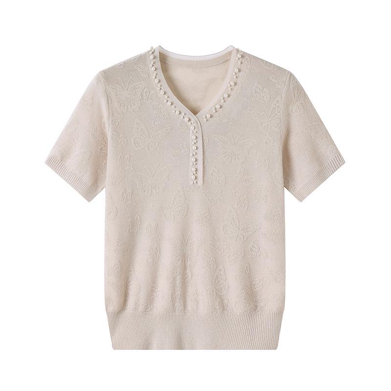Elegant Lace Embroidery Knit Top - Short-Sleeved Ice Silk Blouse for Middle-Aged Women