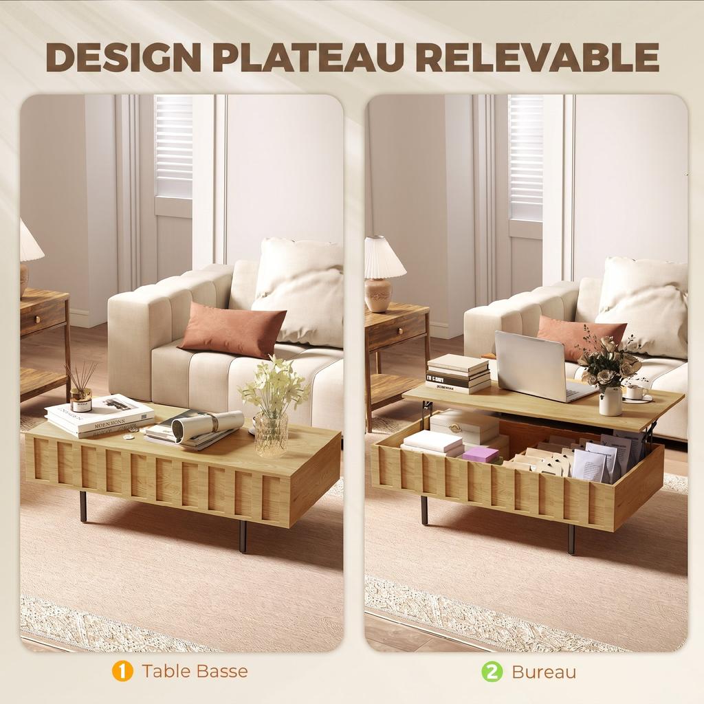 Extendable Coffee Table with 2 Hidden and Fluted Side Compartments, Mid-Century Modern Style, 110x55x36.5cm, Oak