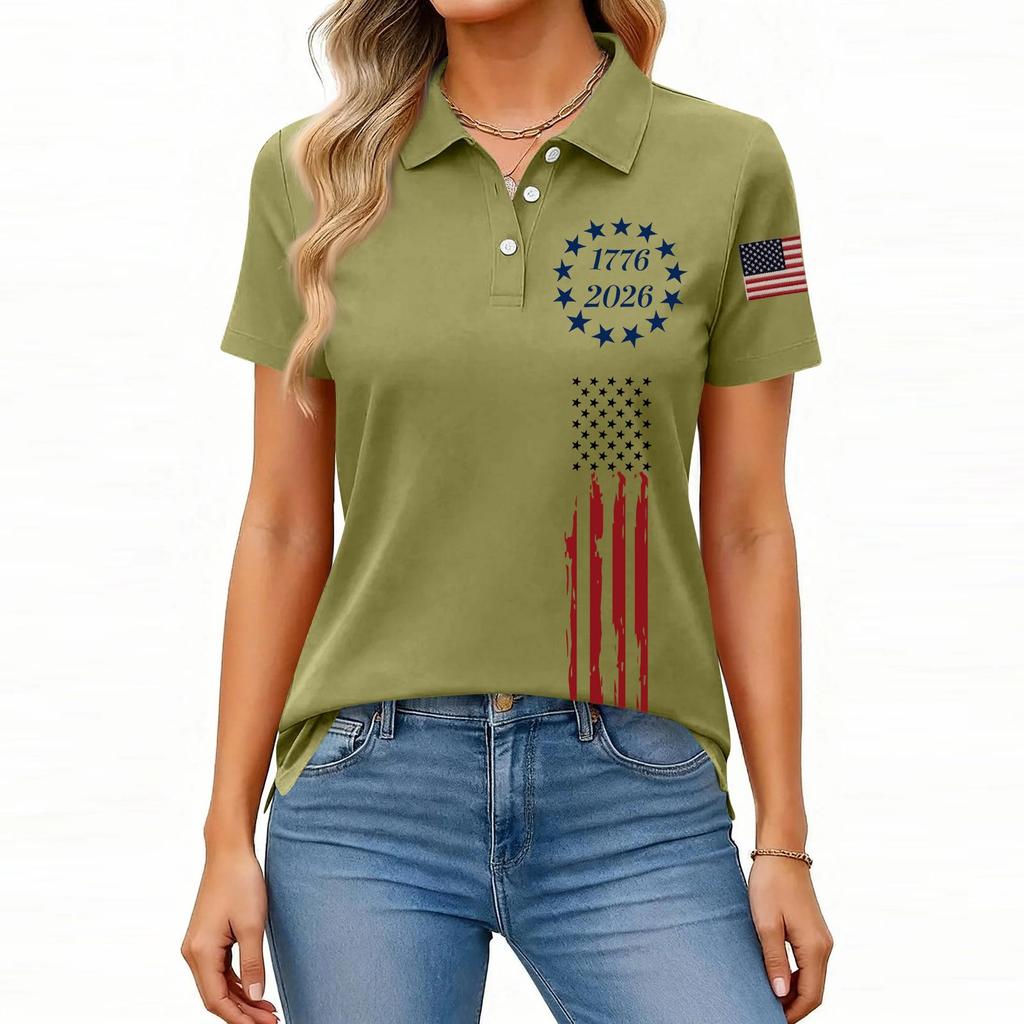 Women’s Short Sleeve Polo Shirt with Printed Flag Design Button Front Collar Casual Fit Top for Everyday Wear