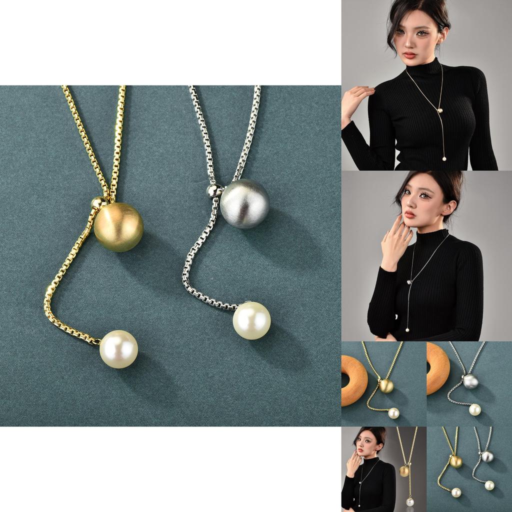 Chic Pull And Slide Pearl Long Pendant Necklace With Sleek Snake Chain For Fashionable Women