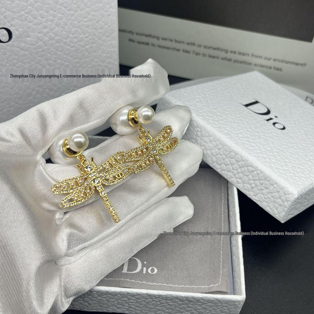 Elegant Dragonfly Insect Stud Earrings with Pearls & Diamonds for Women